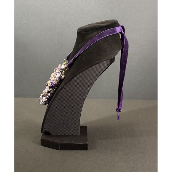 Purple Amethyst Stone & Beaded Cluster Necklace Velvet Ribbon Tie Handcrafted Go - Picture 4 of 8